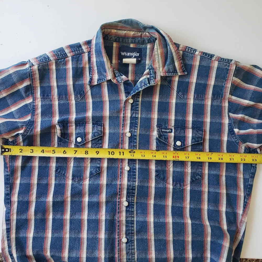 Slim Fit LRG Wrangler Mens Red White Blue Denim Plaid Button Up Western Shirt - Picture 11 of 14